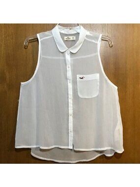 Hollister Women’s Sheer Sleeveless Button-Down White Blouse With Pocket Size M